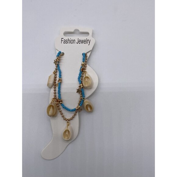 Sea Shell Anklets With Star Charms Blue Beads & Gold Chain Adjustable Womens Fas - Picture 3 of 4